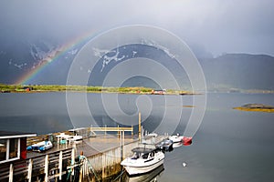Rainbow over a lake, Lofoten Islands