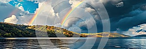 Rainbow over the lake. Panoramic view of the lake and mountains. Generative AI