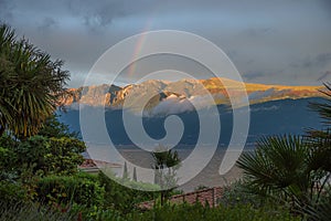 Rainbow over monte baldo mass, view through palm trees