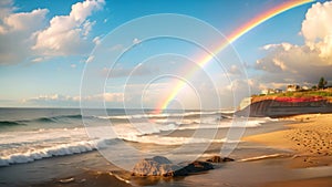 Rainbow over the ocean with rocks on the beach in Bali, A dreamy oceanside with a rainbow on the horizon after a storm, AI