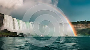 rainbow over the river Spectacular rainbow near tourist boat at Niagara Falls