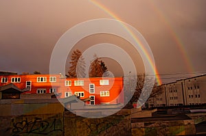 A rainbow over the Roemerstadt underground station in the Ernst-May-Siedlung, Frankfurt, Germany