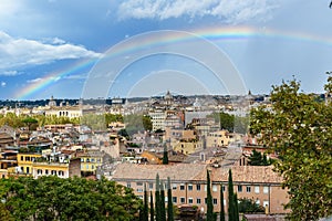 Rainbow over Rome. Arial view of Rome city from Janiculum hill, Terrazza del Gianicolo. Rome. Italy photo