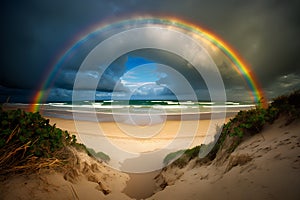 Rainbow over the sea with a sandy beach and a stormy sky