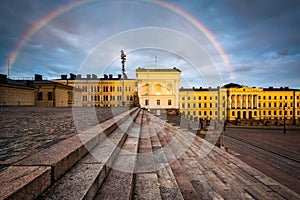 Rainbow over Senaatintori, Senate Square at sunset, in Helsinki,