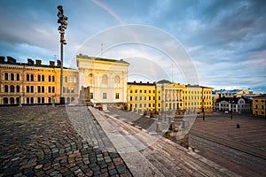 Rainbow over Senaatintori, Senate Square at sunset, in Helsinki,