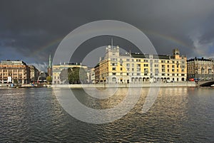 Rainbow over Stockholm. Panoramic view. Sweden