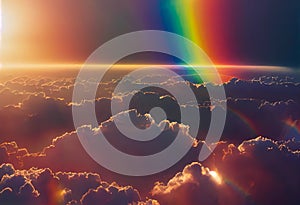 Rainbow over violet purple cloudy sky as panoramic high altitude shot. Dawn early morning sunrise satellite above earth