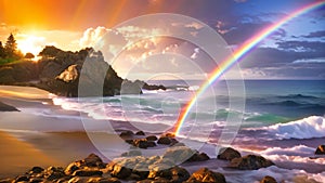 Rainbow over the Waikiki Beach, Honolulu, Oahu, Hawaii, A dreamy oceanside with a rainbow on the horizon after a storm, AI