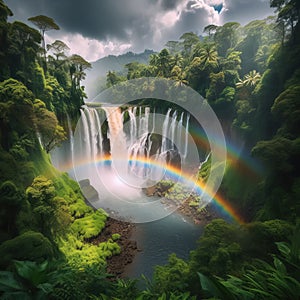 A rainbow over a waterfall surrounded by lush vegetation