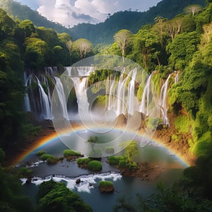 A rainbow over a waterfall surrounded by lush vegetation