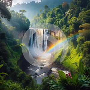 A rainbow over a waterfall surrounded by lush vegetation