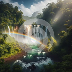 A rainbow over a waterfall surrounded by lush vegetation