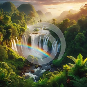 A rainbow over a waterfall surrounded by lush vegetation