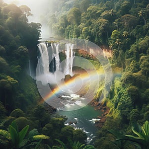 A rainbow over a waterfall surrounded by lush vegetation