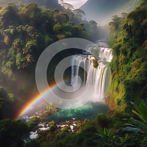 A rainbow over a waterfall surrounded by lush vegetation