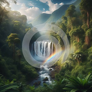 A rainbow over a waterfall surrounded by lush vegetation