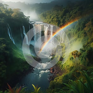 A rainbow over a waterfall surrounded by lush vegetation