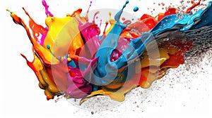 Rainbow paint splash, splashes of paint and ink with drops. Liquid multi-colored paint falls, spills and splatters