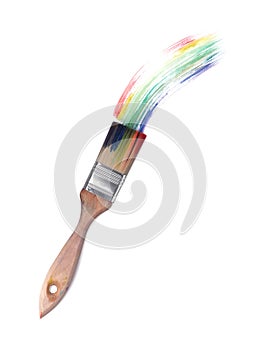Rainbow paint stroke and brush on white background, top view