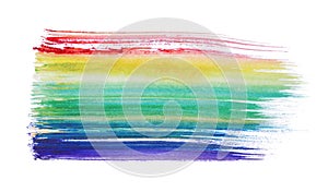 Rainbow paint stroke drawn with brush on white background, top view