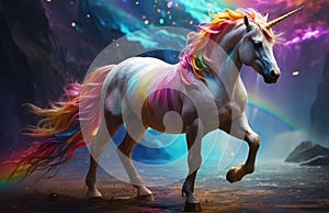 Rainbow paint: White Unicorn in Vibrant Dreamscape
