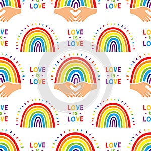 Rainbow pattern, Cute hand drawn rainbow. Seamless pattern with colorful rainbows and lettering Love is Love. Flat