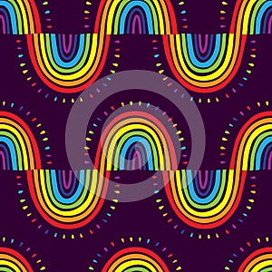 Rainbow pattern, Cute hand drawn rainbow. Seamless pattern with colorful rainbows on a purple background. Vector