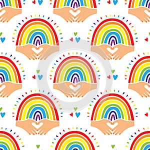 Rainbow pattern Love background, Cute childishly drawn rainbows. Vector seamless pattern