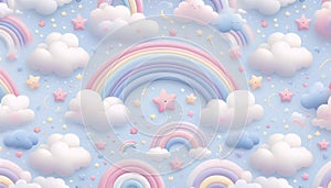 A Rainbow pattern with whimsical pastel arcs and clouds, Ai generated image