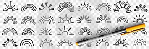 Rainbow patterns and rays drawings doodle set