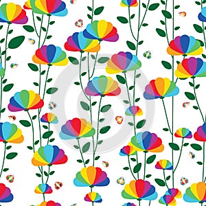 Rainbow petal flower vertical plant butterfly seamless pattern