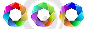 Rainbow polygon emblems. Hi tech logo set. Vector illustration.