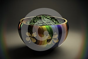 Rainbow pot with decorative gold four-leaf clovers and clover plant inside