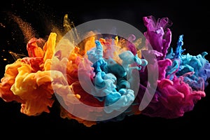 rainbow of powder dyes captured mid-air against a black background