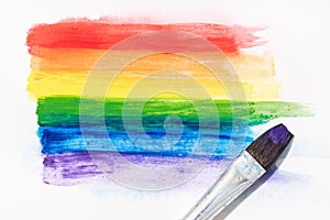 Rainbow pride flag hand painted with watercolors and brush isolated on white canvas paper