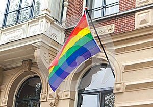 The rainbow pride LGBT flag blows in the wind