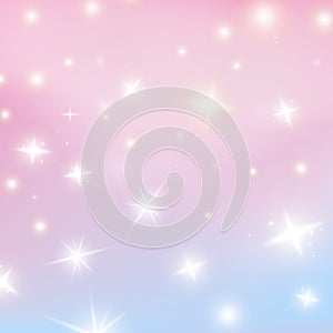 Rainbow princess background, soft pink backdrop with shining stars. Fantasy unicorn sky pearlescent backdrop. Cute unusual hologra