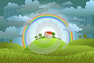 The rainbow protects the small house