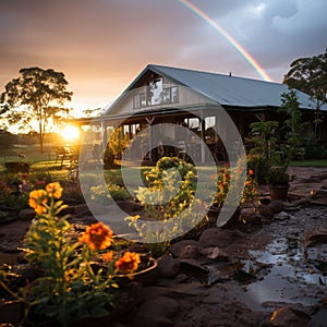 Rainbow after the rain over the house. A beautiful piece of land with flowers and paths during a rainy day