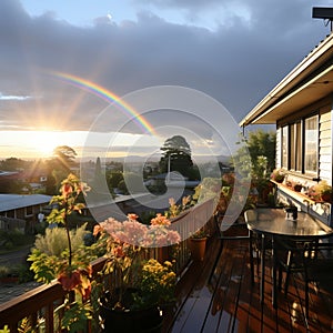 Rainbow after the rain over the house. A beautiful piece of land with flowers and paths during a rainy day