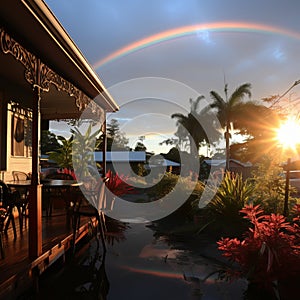 Rainbow after the rain over the house. A beautiful piece of land with flowers and paths during a rainy day