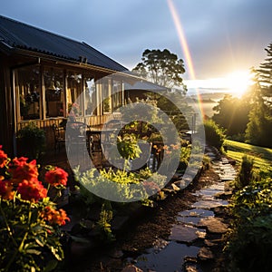 Rainbow after the rain over the house. A beautiful piece of land with flowers and paths during a rainy day