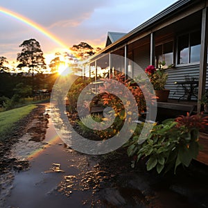 Rainbow after the rain over the house. A beautiful piece of land with flowers and paths during a rainy day