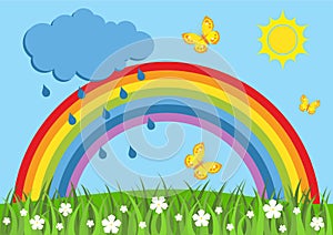 Rainbow after rain. Spring Background with Rainbow