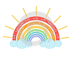 Rainbow with rays. Vector Illustration for printing, backgrounds, covers, packaging, greeting cards, posters, stickers, textile