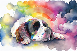 The Rainbow Road, old dog that has passed on sleeping on a cloud in the sky