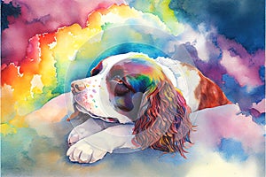 The Rainbow Road, old dog that has passed on sleeping on a cloud in the sky