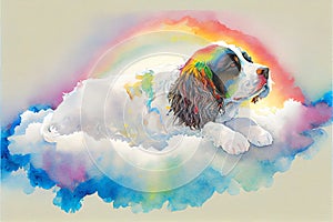 The Rainbow Road, old dog that has passed on sleeping on a cloud in the sky