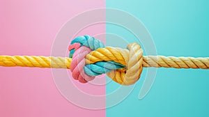 Rainbow ropes knotted together on bicolor background. Creative cooperation and teamwork concept.